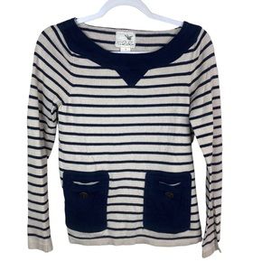Anthropologie Tabitha Womens Sm Sweater Striped White Blue Pockets‎ 5% Cashmere
